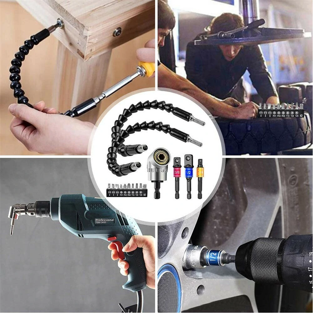 Drillpro 16Pcs/Set Flexible Drill Extension Hex Shank Drill Nut Driver Bit Set Bendable Drill Bit Extension+Universal Socket Adapter+Screwdriver Bit+Right Angle Drill Extension — view 9