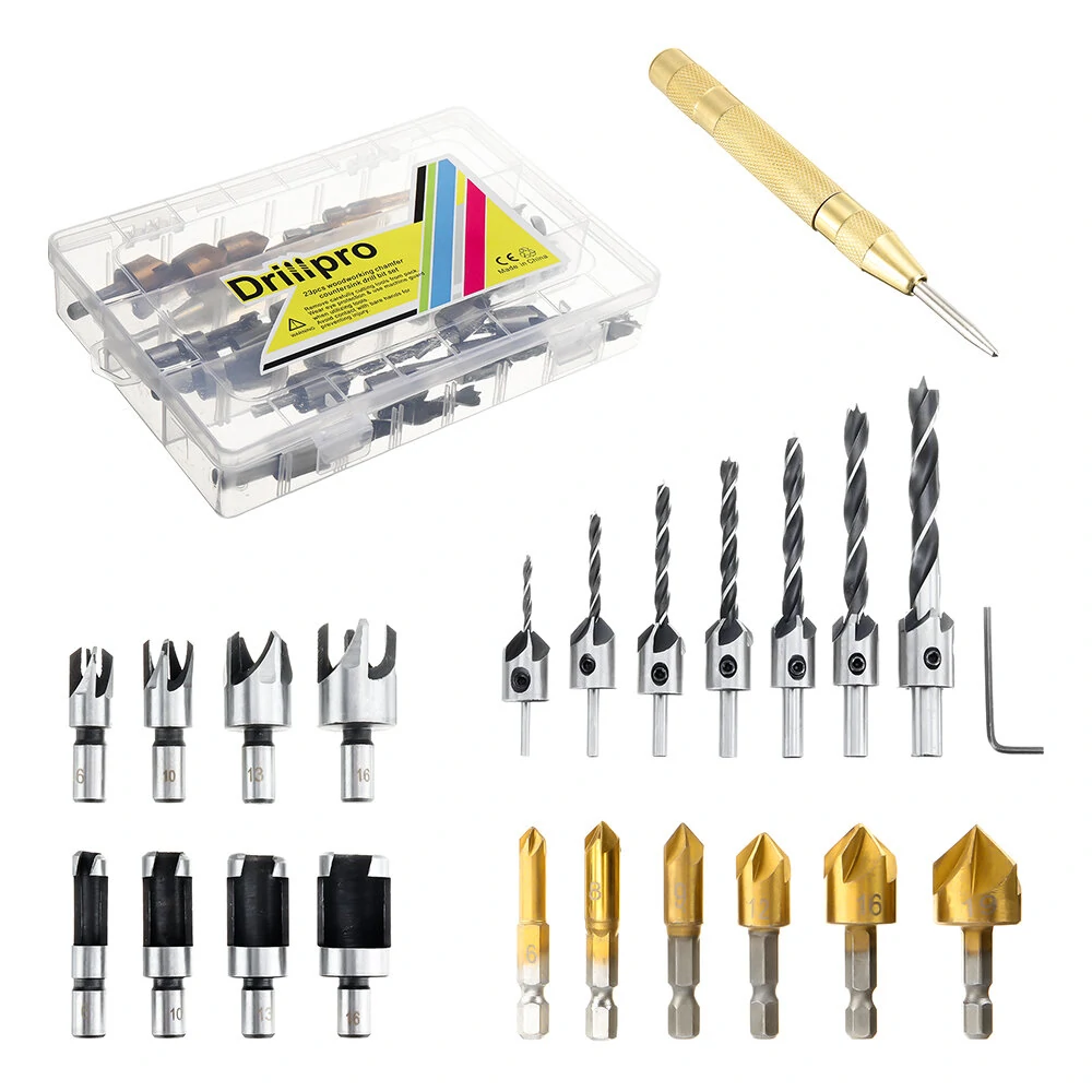 Drillpro 23pcs Woodworking Chamfering Countersunk Drill Bit Set 5 Flute Chamfering Drill Wood Plug Cutter Automatic Center Punch Drill — view 2