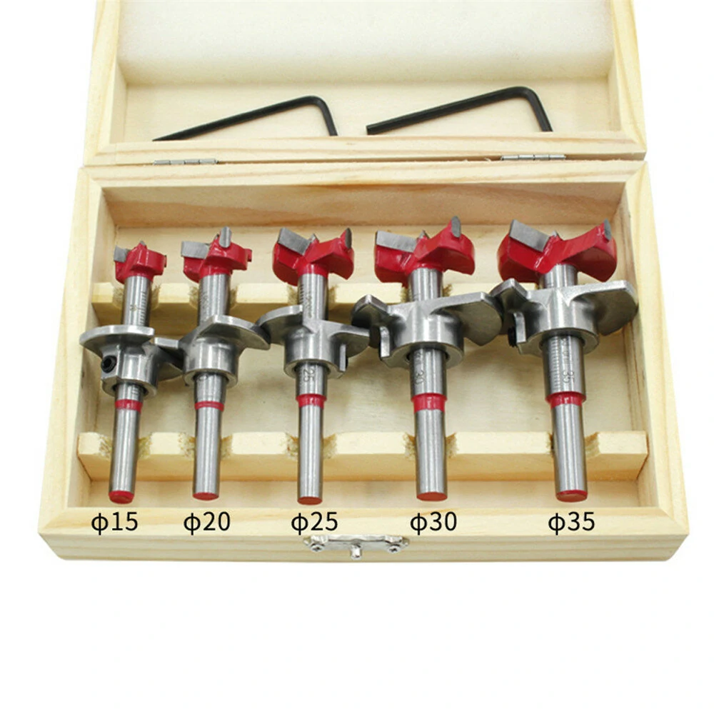 Drillpro 5Pcs Forstner Drill Bit Set 15 20 25 30 35mm Wood Auger Cutter Hexagon Wrench Woodworking Hole Saw For Power Tools — Drillpro