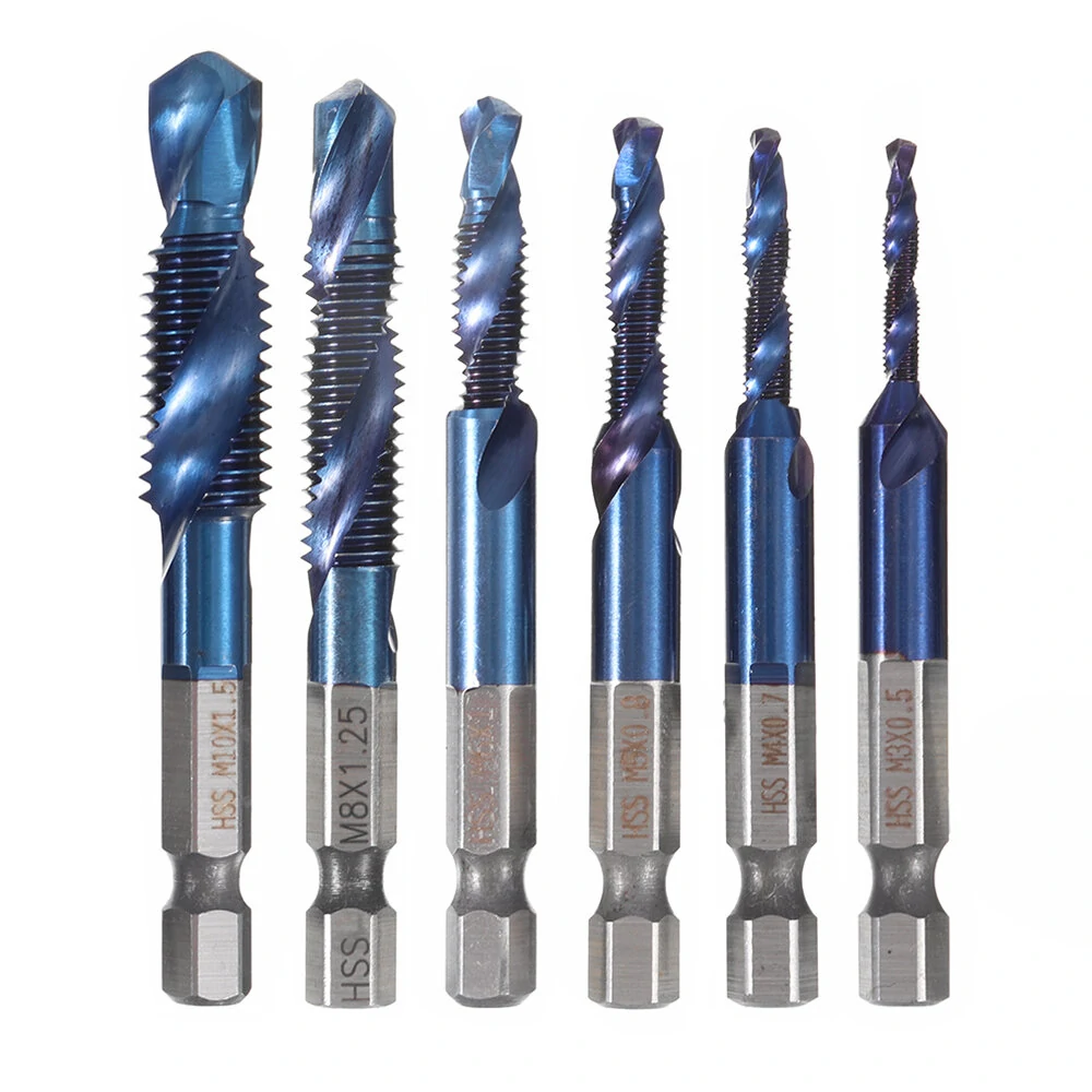 Drillpro 6pcs M3-M10 Combination Drill Tap Bit Set HSS 6542 Blue Nano Coated Deburr Countersink Drill Bits — view 2