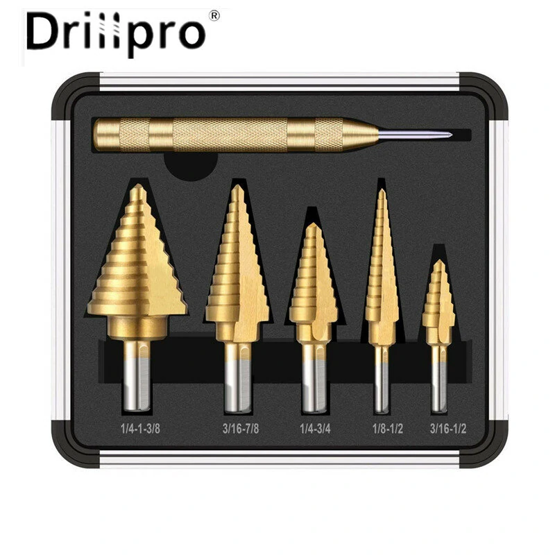 Drillpro 6PCS Premium Titanium-Coated HSS 4241 Step Drill Bit Set by Pro-Drills Variety Pack (1/8" to 1-3/8") High-Speed Steel Center Punched Design Ideal for Woodworking and Home Improvement — view 2