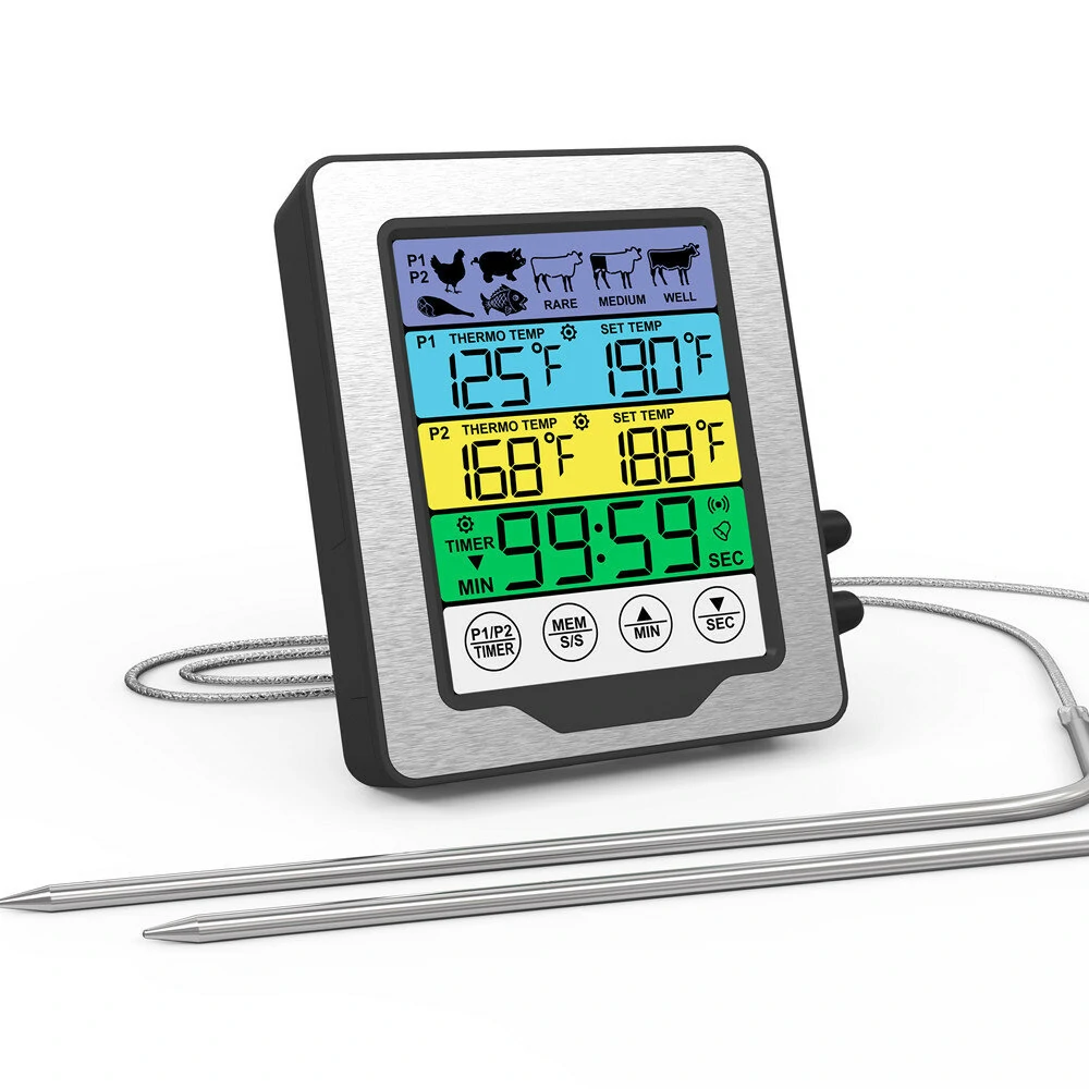Dual Probe Large Colorful Touchscreen Food Meat Thermometer  Kitchen Cooking BBQ Thermometer High Temperature Alarm Fahrenheit or Celsius Preset Temperature With Stand — Pricio