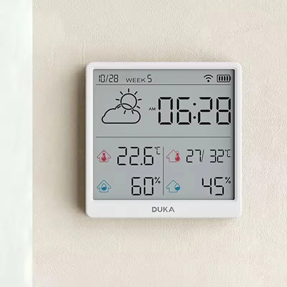 DUKA LCD Wireless Smart Home WIFI Temperature and Humidity Weather Sensor Rechargeable Indoor Clock Hygrometer Mini Digital Thermometer — view 3