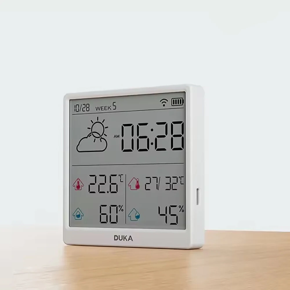 DUKA LCD Wireless Smart Home WIFI Temperature and Humidity Weather Sensor Rechargeable Indoor Clock Hygrometer Mini Digital Thermometer — view 4