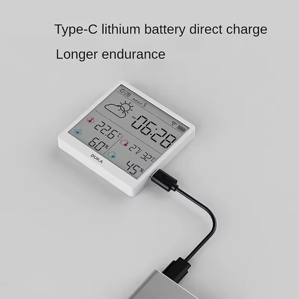 DUKA LCD Wireless Smart Home WIFI Temperature and Humidity Weather Sensor Rechargeable Indoor Clock Hygrometer Mini Digital Thermometer — view 6