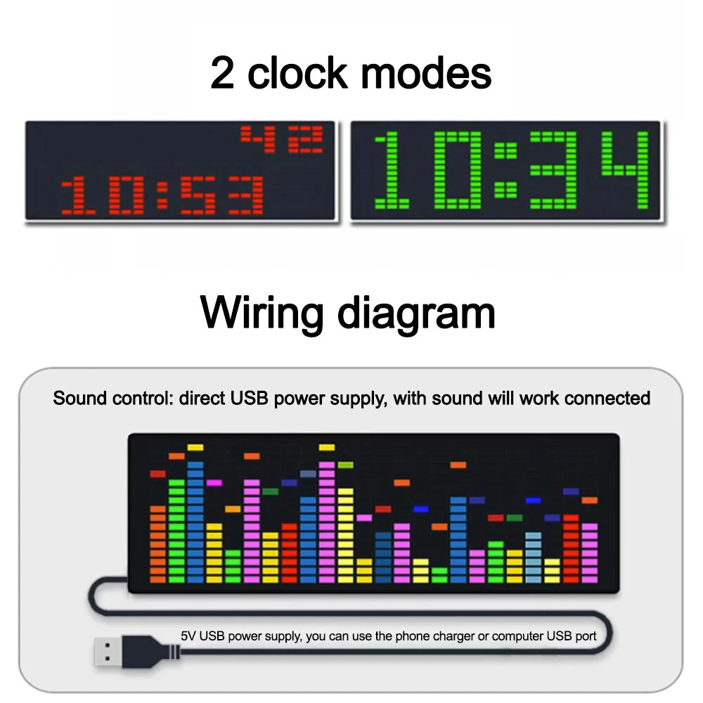 Dynamic LED Music Spectrum Clock Picking Lamp Voice Control + Wire Control LED Music Spectrum Rhythm Display RGB Light Electronic Clock Voice Activated Car Audio Level Indicator VU Meter Atmosphere Lamp — view 8