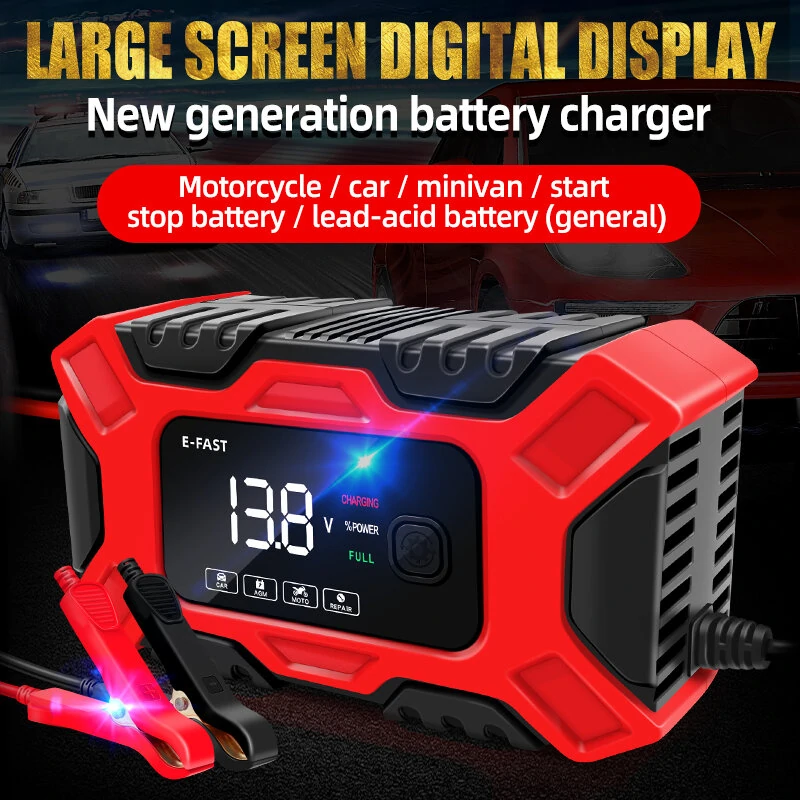 E-FAST 12V 6A Large Screen Digital Display Battery Charger Pulse Repair for Car Motorcycle Dry Water Lead-acid Batteries — view 3