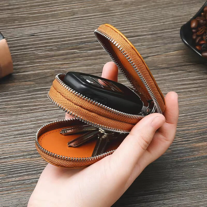 Ekphero Men Genuine Leather Mini Car Key Case Minimalist Zipper Key Holder Storage Bag for Men Double Layer Key Slot Bag with Key Chain — view 4