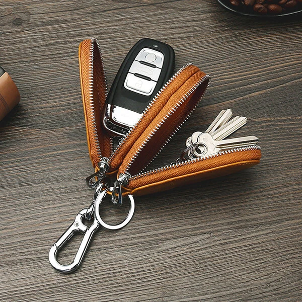 Ekphero Men Genuine Leather Mini Car Key Case Minimalist Zipper Key Holder Storage Bag for Men Double Layer Key Slot Bag with Key Chain — view 5
