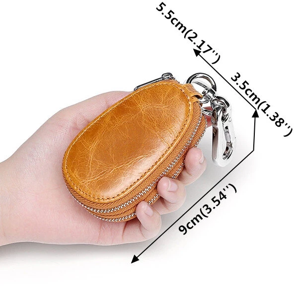 Ekphero Men Genuine Leather Mini Car Key Case Minimalist Zipper Key Holder Storage Bag for Men Double Layer Key Slot Bag with Key Chain — view 6