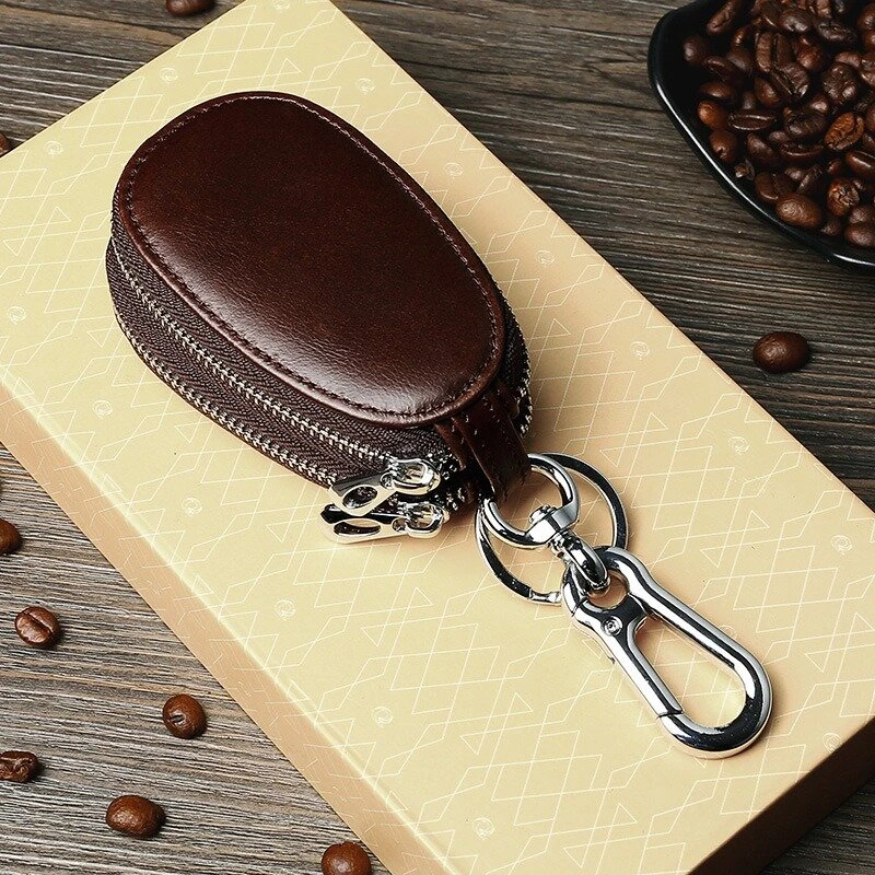 Ekphero Men Genuine Leather Mini Car Key Case Minimalist Zipper Key Holder Storage Bag for Men Double Layer Key Slot Bag with Key Chain — view 7