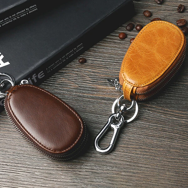 Ekphero Men Genuine Leather Mini Car Key Case Minimalist Zipper Key Holder Storage Bag for Men Double Layer Key Slot Bag with Key Chain — view 8