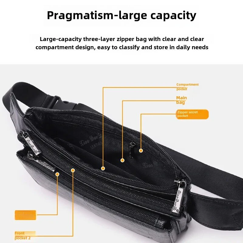 Ekphero Men Genuine Leather Waist Bag Large Capacity Three-layer Zipper Single Shoulder Bag Multifunctional Mini Chest Bag — view 3