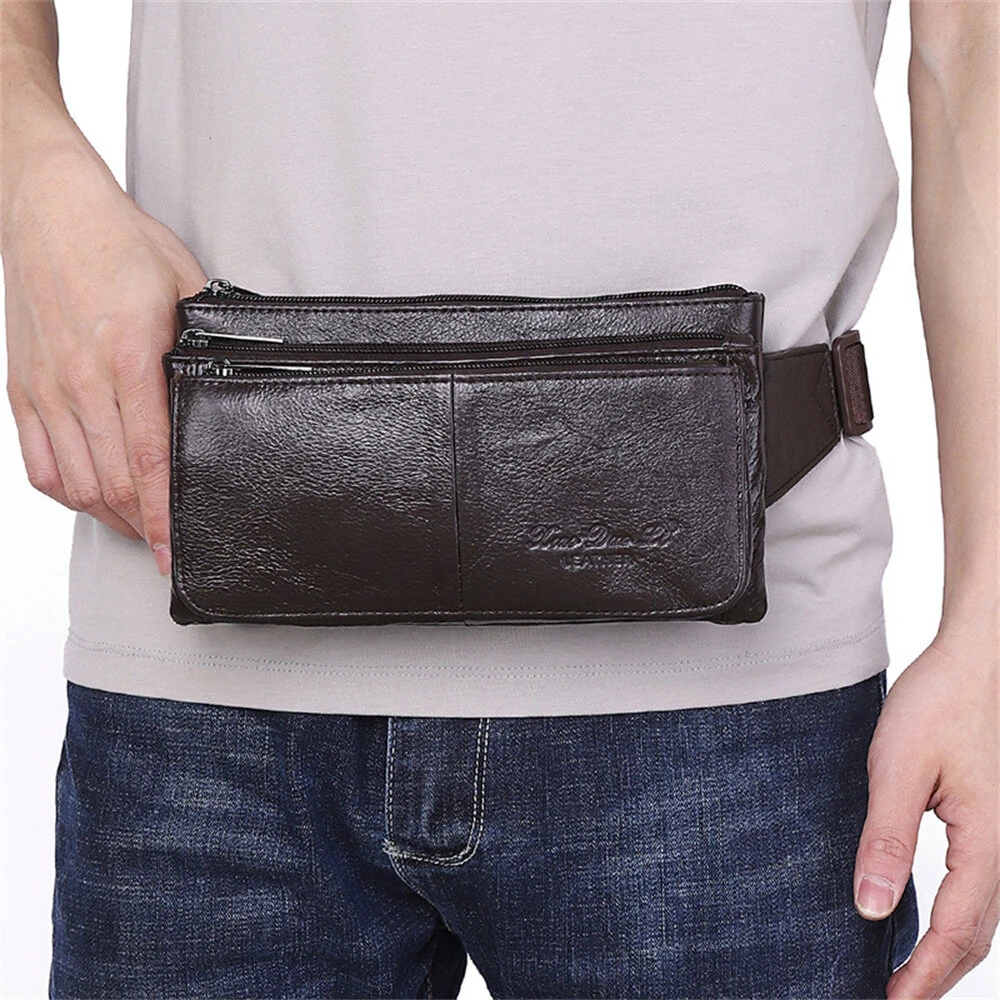 Ekphero Men Genuine Leather Waist Bag Large Capacity Three-layer Zipper Single Shoulder Bag Multifunctional Mini Chest Bag — view 9