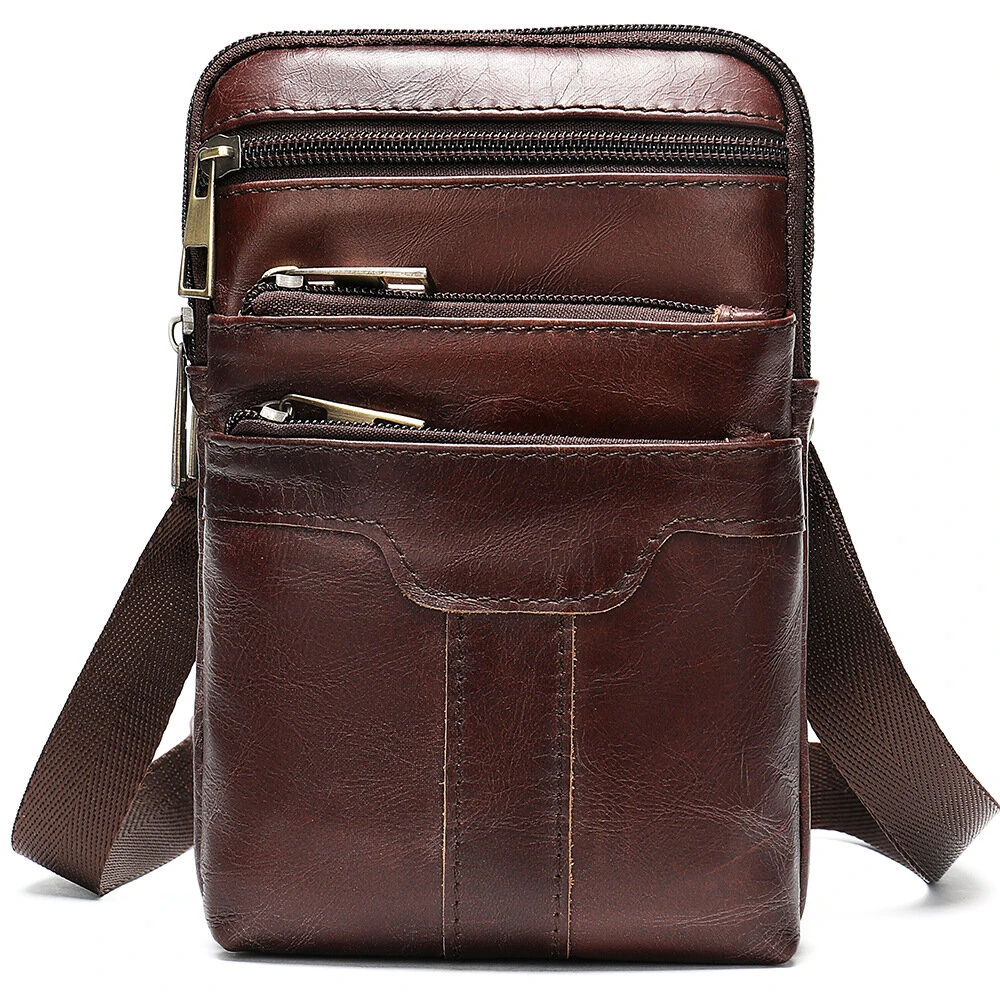 Ekphero Men's Genuine Leather Crossbody Bag with Zipper Mobile Phone Shoulder Bag Small Travel Waist Bag Multi-Pockets Male Belt Waist Packs — Ekphero