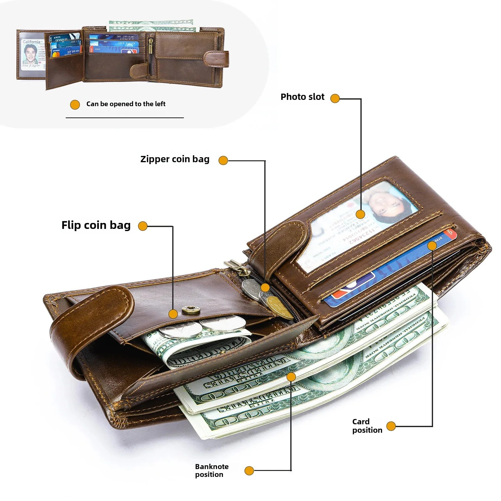 Ekphero Men's Retro Genuine Leather Wallet, Compact Multi-Card Money Clip, Multi Slot Anti-theft Credit Card Holder Coin Purse — view 3