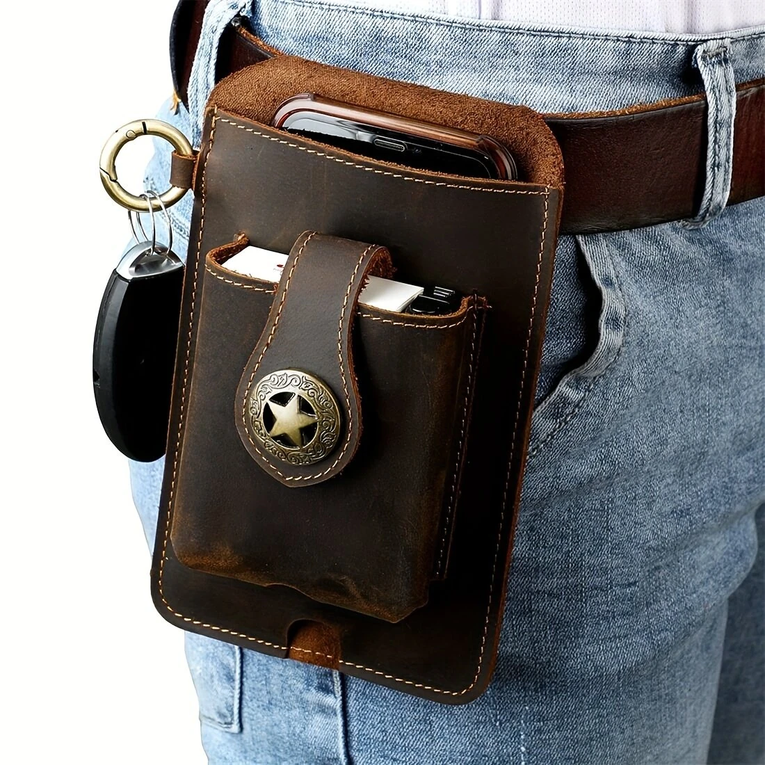 Ekphero Men's Vintage Genuine Leather Belt Bag, Multifunctional Waist Bag with Key Hook, Mobile Phone Bag For Work Outdoor Sports — view 10