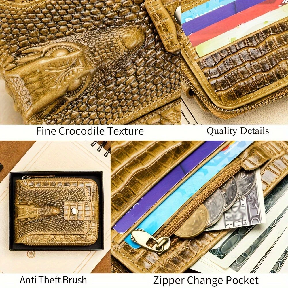 Ekphero Mens Wallet Genuine Leather Crocodile Pattern Short Coin Purse Luxurious High-Quality Multi Slot Thick Anti-Theft Card Bag — view 4