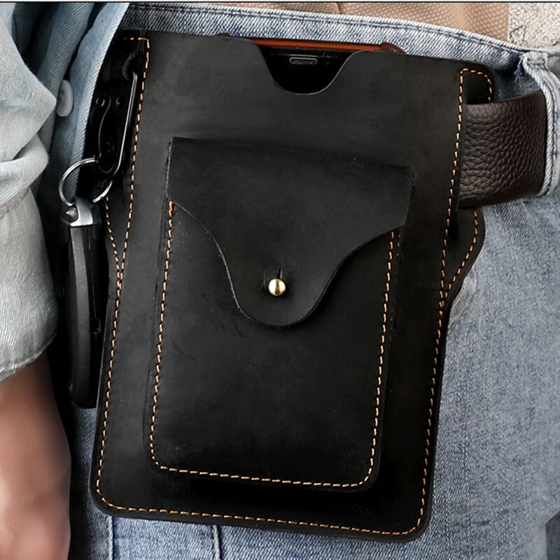 Ekphero Retro Men's Waist Bag Genuine Leather Belt Bag Key Waist Work Pocket Phone Bag for Belt Wearable Holster — view 2