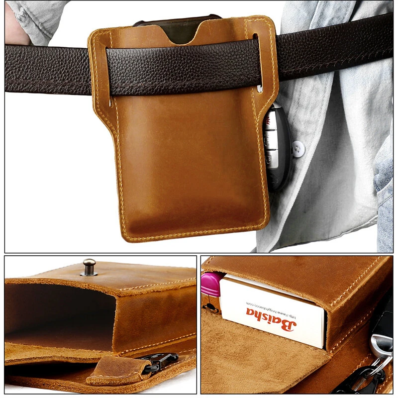 Ekphero Retro Men's Waist Bag Genuine Leather Belt Bag Key Waist Work Pocket Phone Bag for Belt Wearable Holster — view 4