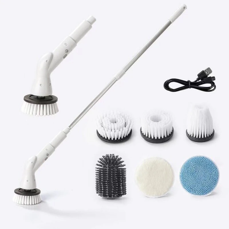 Electric Cleaning Brush Cordless 5W Motor Extendable Handle 5 or 6 Brush Heads ABS for Bathroom Kitchen Tile Floor Cleaning — Pricio