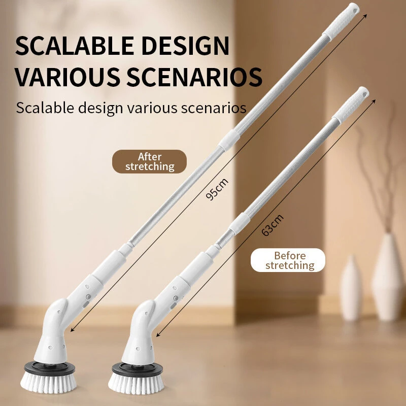 Electric Cleaning Brush Cordless 5W Motor Extendable Handle 5 or 6 Brush Heads ABS for Bathroom Kitchen Tile Floor Cleaning — view 5