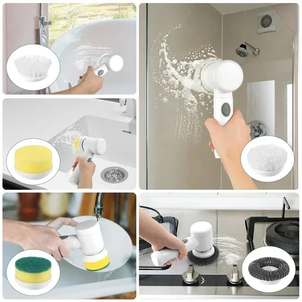 Electric Cleaning Brush Kitchen Bathroom Multifunctional Cleaner Electric Scrubber Bathroom Cleaning Brush USB Rechargeable with 5 Replaceable Brush Heads — view 3