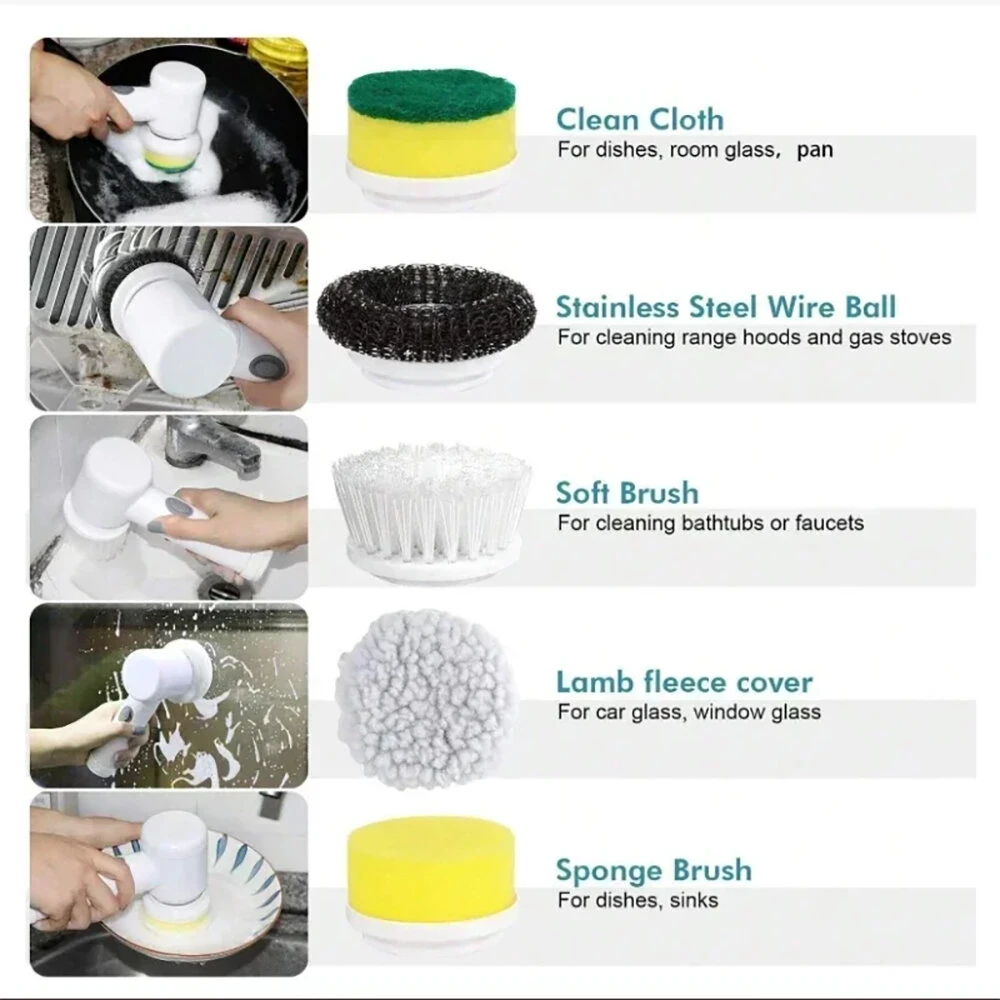 Electric Cleaning Brush Kitchen Bathroom Multifunctional Cleaner Electric Scrubber Bathroom Cleaning Brush USB Rechargeable with 5 Replaceable Brush Heads — view 6