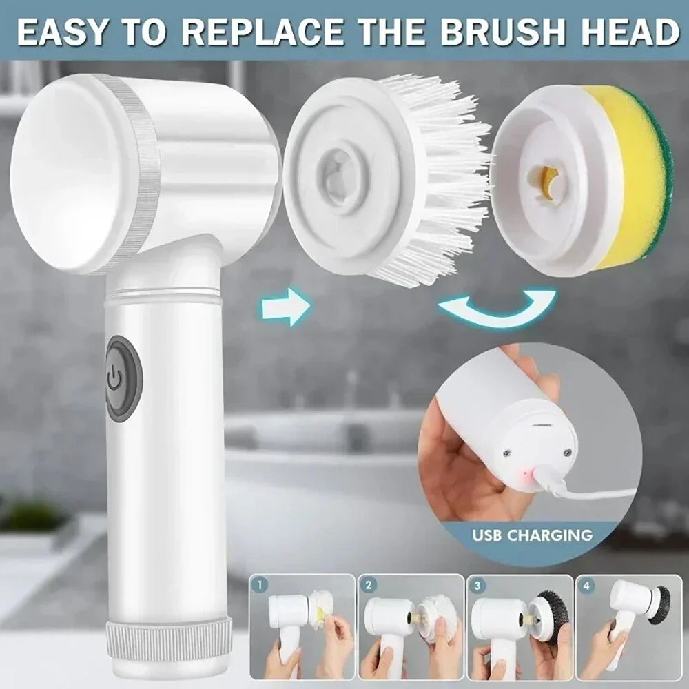 Electric Cleaning Brush Kitchen Bathroom Multifunctional Cleaner Electric Scrubber Bathroom Cleaning Brush USB Rechargeable with 5 Replaceable Brush Heads — view 7