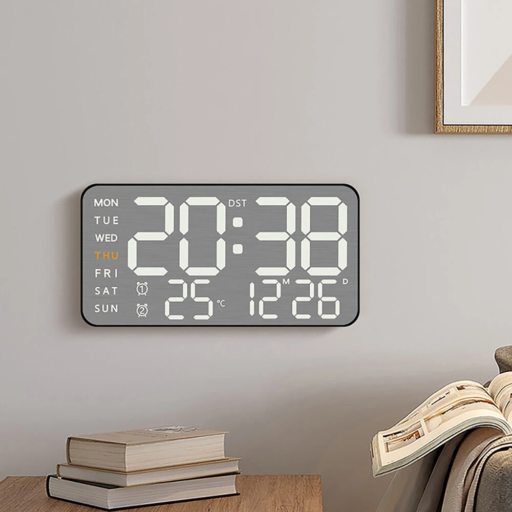 Electronic Wall Clock Temperature Humidity Display Metal Brushed Multifunctional Wall Clock Digital LED Electronic Alarm Clock — Electronic