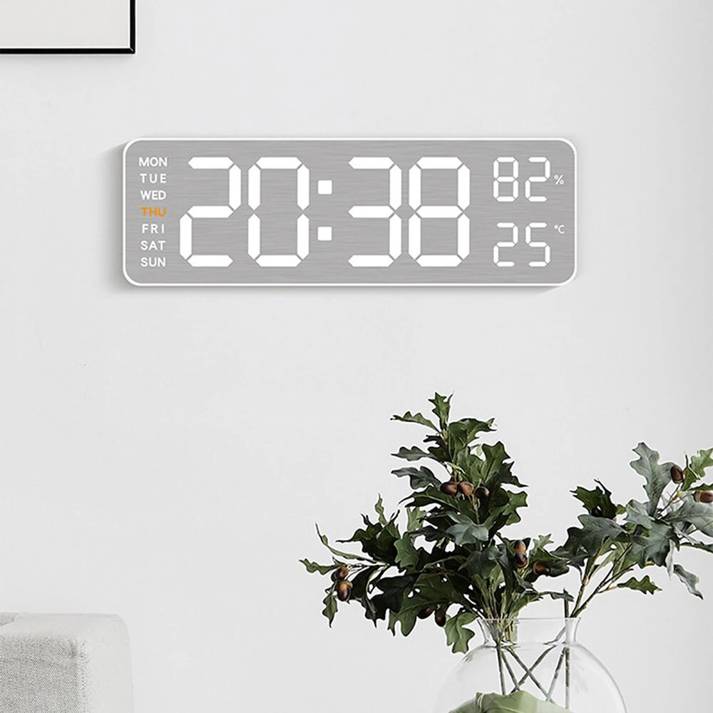 Electronic Wall Clock Temperature Humidity Display Metal Brushed Multifunctional Wall Clock Digital LED Electronic Alarm Clock — view 3