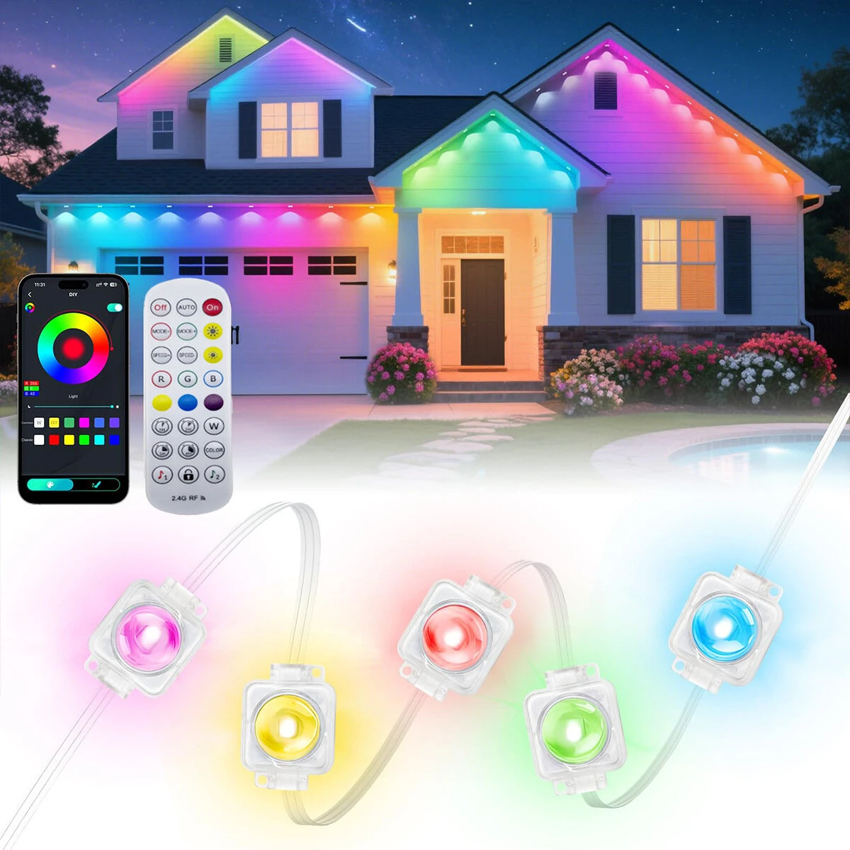 Elfeland 15M/30M 15 Lights/30 Lights RGB Eaves Lamps for Courtyards bluetooth Voice-controlled Lights Outdoors Eaves Running Lights — view 2