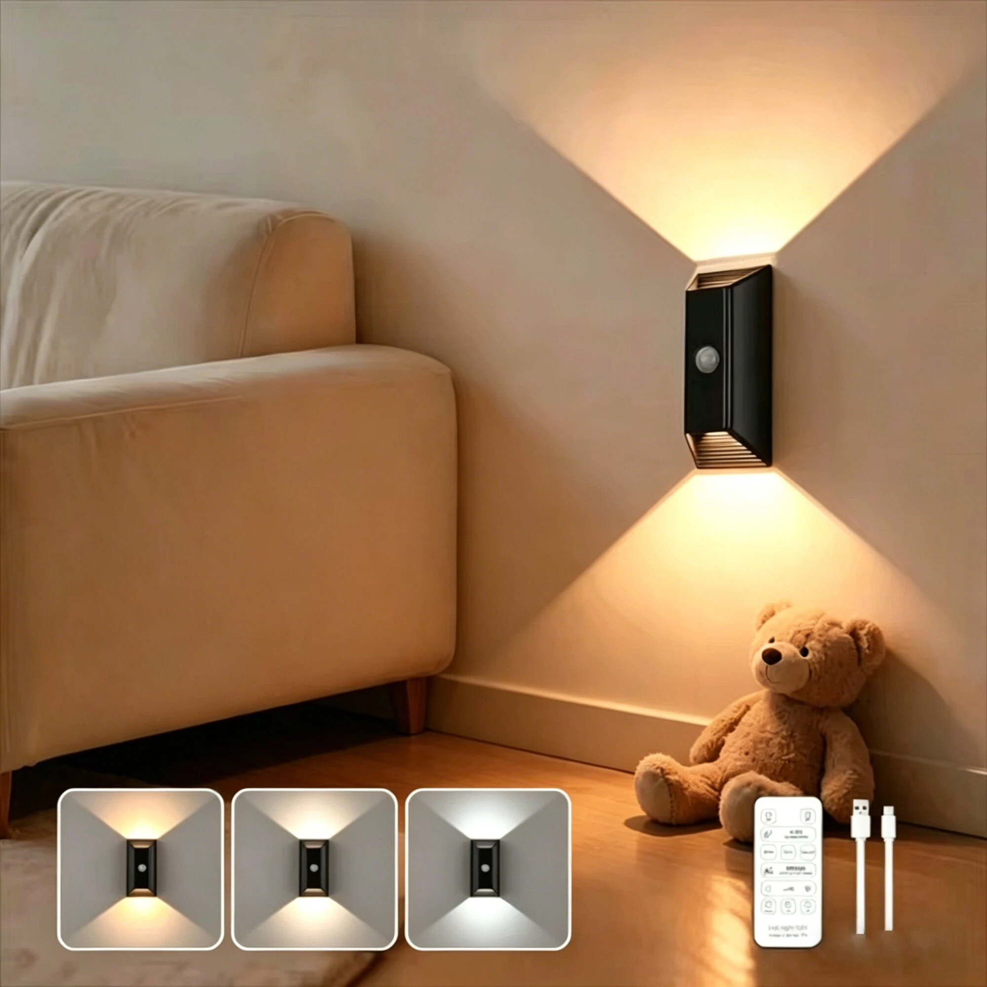 Elfeland Rechargeable LED Motion Sensor Wall Light with Remote Control Up & Down Glow 3 Color Temperatures Auto-Off Magnetic Night Lamp