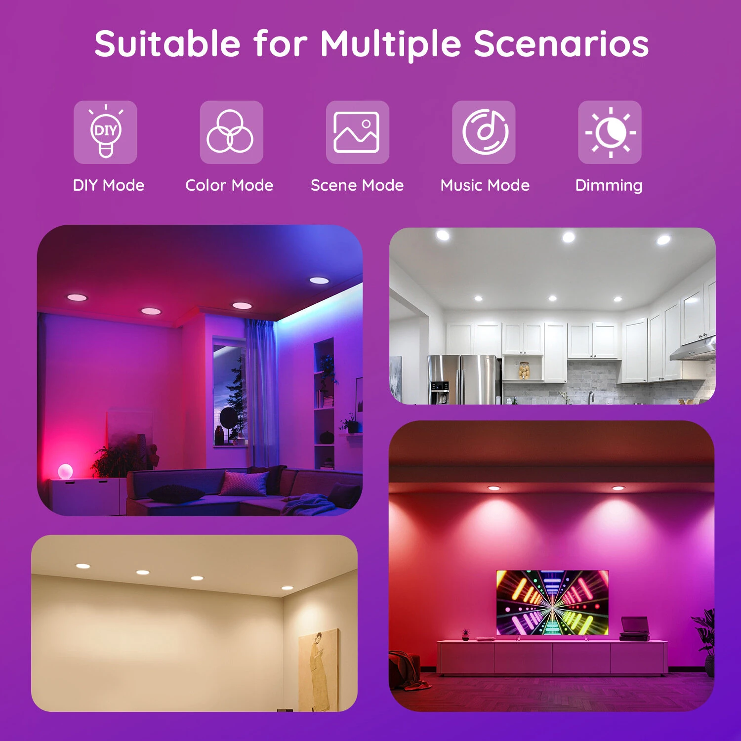 Elfeland Smart 5W RGB+CCT LED Recessed Downlight WiFi & Bluetooth Indoor Lighting 500lm Supports APP & Voice Control — view 5