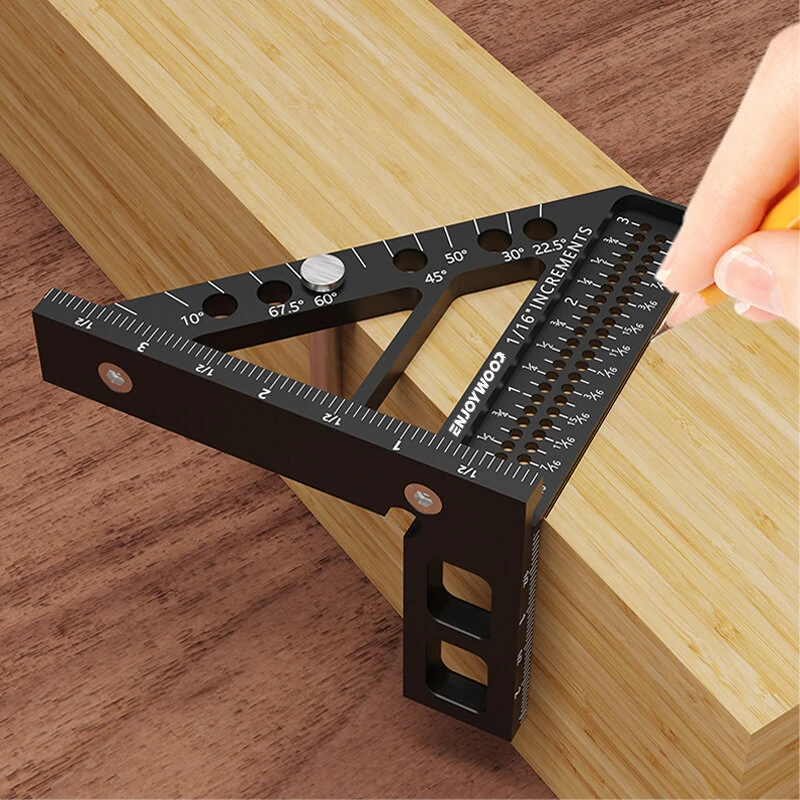 ENJOYWOOD 3D Multi-Angle Measuring Ruler Square Protractor Hole Positioning Inch/MM Imperial Metric Durable Aluminum Alloy T-Type Triangle Scriber Tool Ideal for Woodworking Measuring Angles 22.5/30/45/60/67.5/90 Degrees — ENJOYWOOD