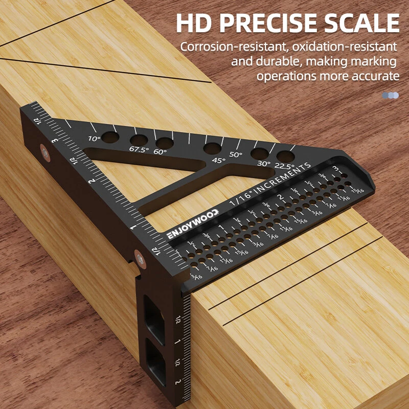 ENJOYWOOD 3D Multi-Angle Measuring Ruler Square Protractor Hole Positioning Inch/MM Imperial Metric Durable Aluminum Alloy T-Type Triangle Scriber Tool Ideal for Woodworking Measuring Angles 22.5/30/45/60/67.5/90 Degrees — view 3