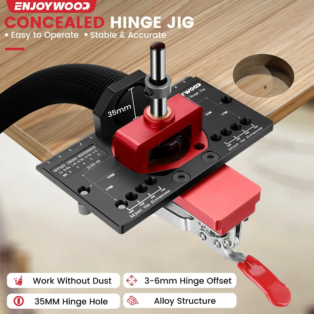 ENJOYWOOD Concealed Hinge Jig with Quick Clip and Dust Vacuum Adapter Concealed Door Hinge Jig 35mm Cabinet Hinge Jig Hinge Hole Drilling Jig for Woodworking Door Cabinet Hinges Mounting Tool — view 3