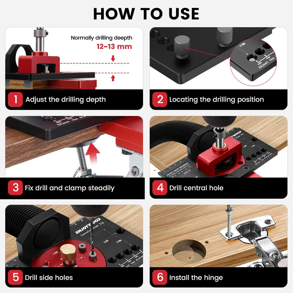 ENJOYWOOD Concealed Hinge Jig with Quick Clip and Dust Vacuum Adapter Concealed Door Hinge Jig 35mm Cabinet Hinge Jig Hinge Hole Drilling Jig for Woodworking Door Cabinet Hinges Mounting Tool — view 6