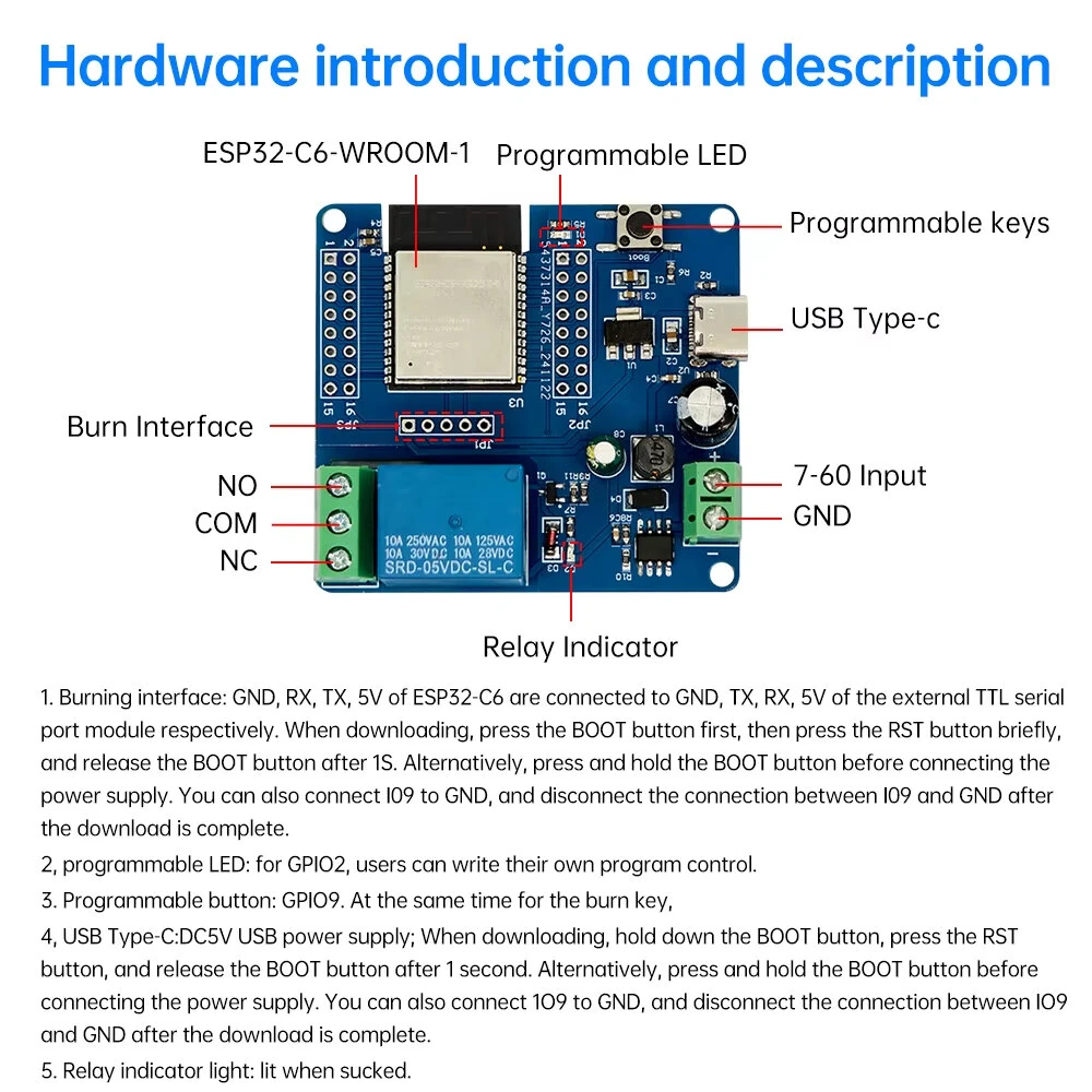 ESP32-C6 WiFi BT Development Board DC 5-60V Single Channel Relay Module Onboard Type-C Interface Switch Module — view 8