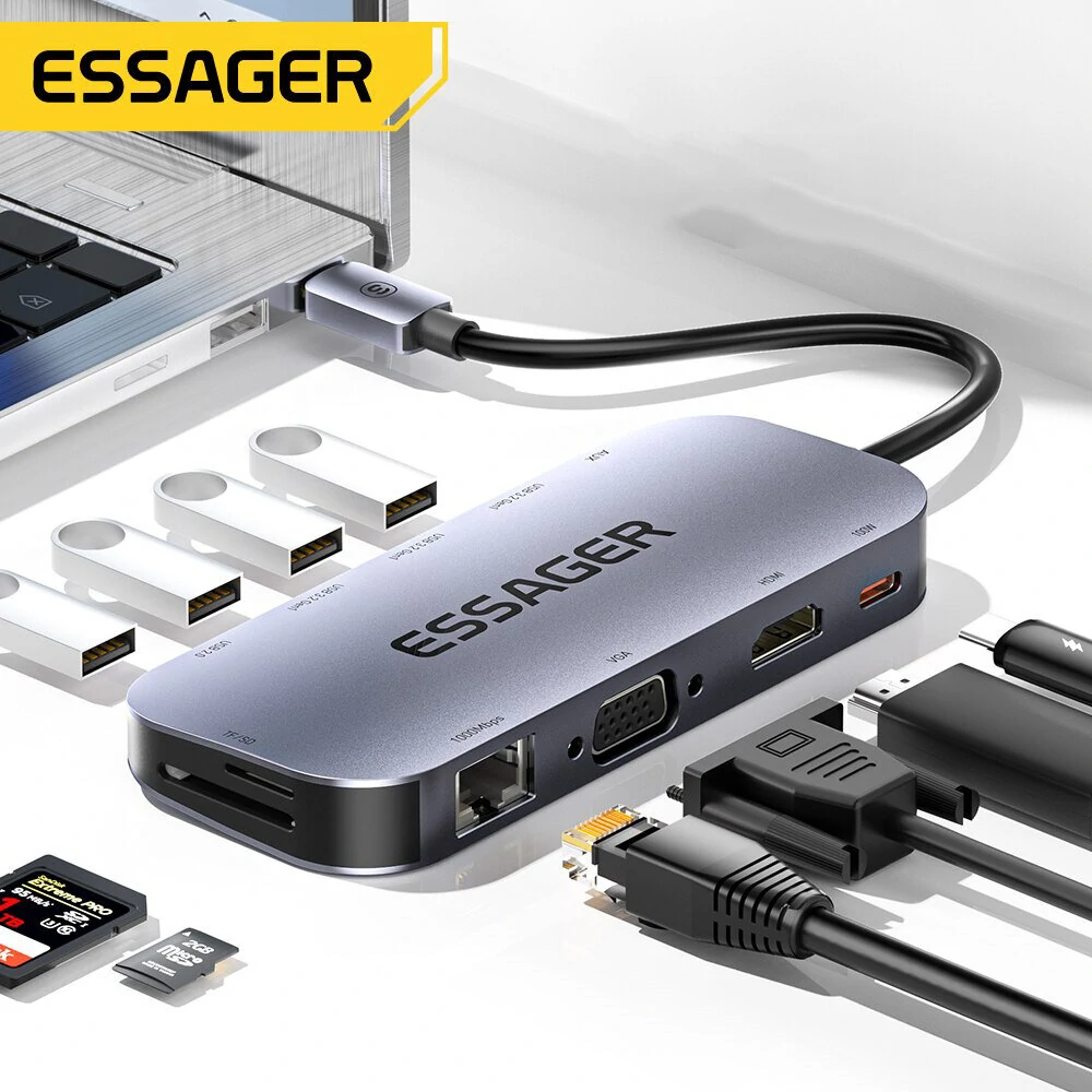Essager 11 in 1 Type-C Docking Station 3*USB 3.2 Gen1 5Gbps HDMI 4K@30HZ VGA RJ45 1000Mbps PD Charger USB Hubs 100W For Macbook Air Pro Adapter Splitter — Essager