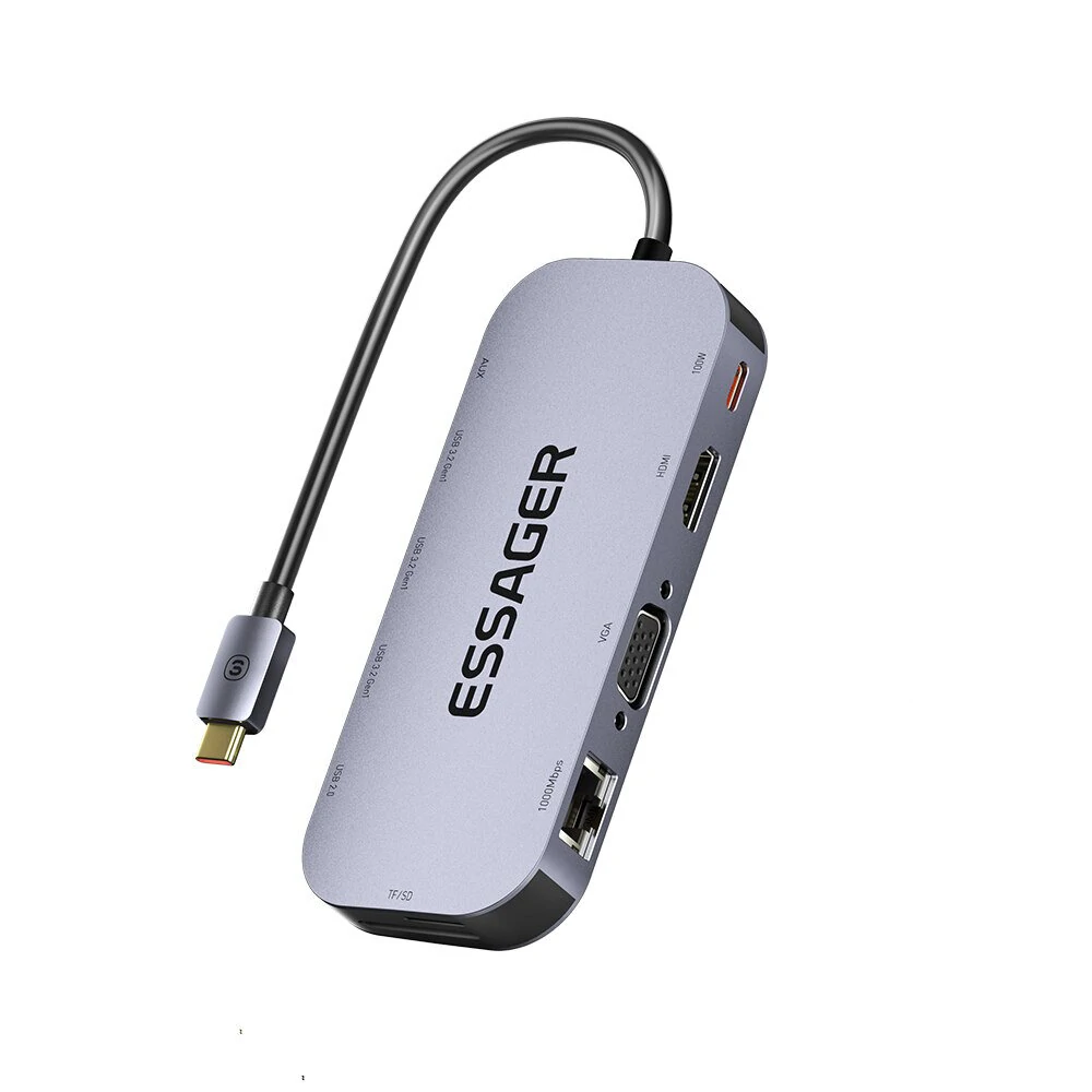 Essager 11 in 1 Type-C Docking Station 3*USB 3.2 Gen1 5Gbps HDMI 4K@30HZ VGA RJ45 1000Mbps PD Charger USB Hubs 100W For Macbook Air Pro Adapter Splitter — view 3