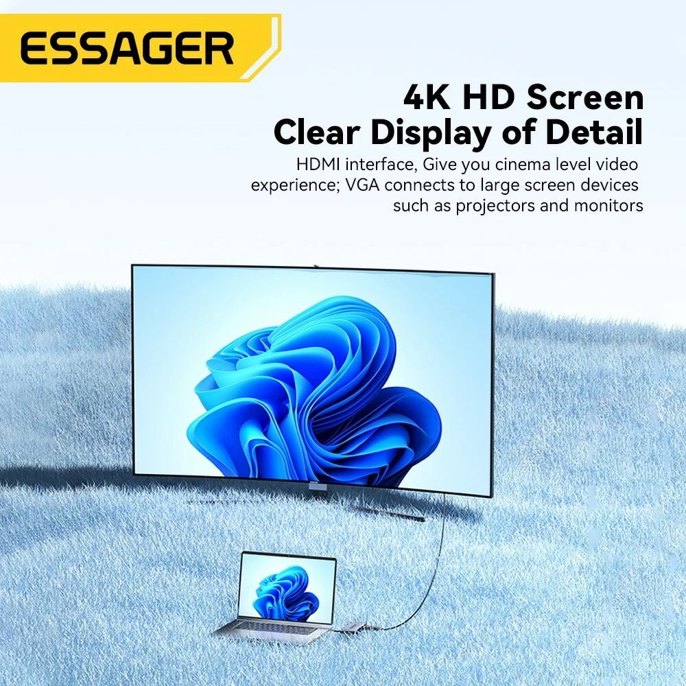 Essager 11 in 1 Type-C Docking Station 3*USB 3.2 Gen1 5Gbps HDMI 4K@30HZ VGA RJ45 1000Mbps PD Charger USB Hubs 100W For Macbook Air Pro Adapter Splitter — view 8