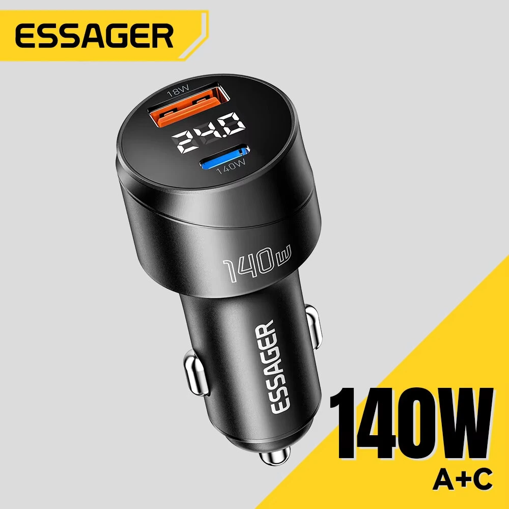 ESSAGER 140W USB-A Type-C Car Charger Multi-Protocol PD Fast Charging Digital Display Aluminum Alloy Universal Fit 12-24V Car