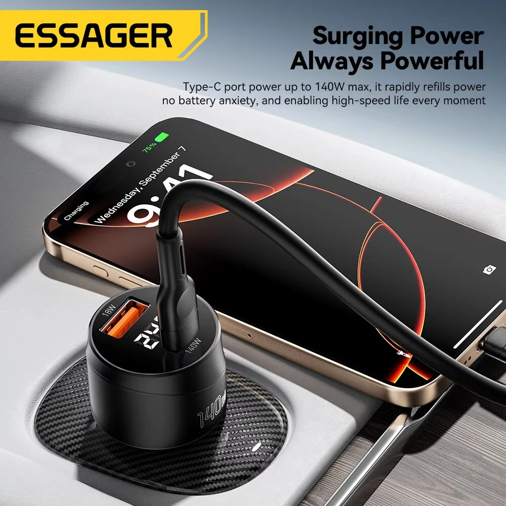 ESSAGER 140W USB-A Type-C Car Charger Multi-Protocol PD Fast Charging Digital Display Aluminum Alloy Universal Fit 12-24V Car — view 4
