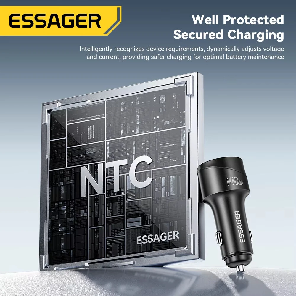 ESSAGER 140W USB-A Type-C Car Charger Multi-Protocol PD Fast Charging Digital Display Aluminum Alloy Universal Fit 12-24V Car — view 7