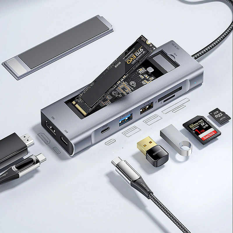 ESSAGER 8-in-1 Docking Station with Disk Storage USB 2.0 USB 3.2 Gen 2 10Gbps USB-C Data PD100W USB-C 4K@30Hz HD SD/TF Card Reader Slot Multiports M.2 SSD USB Hubs Splitter for Phone TV Tablet Laptop — view 2