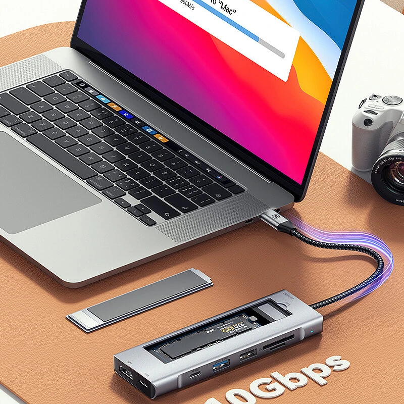 ESSAGER 8-in-1 Docking Station with Disk Storage USB 2.0 USB 3.2 Gen 2 10Gbps USB-C Data PD100W USB-C 4K@30Hz HD SD/TF Card Reader Slot Multiports M.2 SSD USB Hubs Splitter for Phone TV Tablet Laptop — view 7