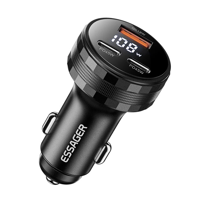ESSAGER ES-CC25 108W 3-Port USB PD Car Charger Adapter USB-A+2USB-C PD3.0 QC3.0 Support FCP AFC iP2.4 Fast Charging with Blue LED for iPhone 16 16 Pro 15 14 13 12 Pro Max for Huawei Pura 80 Ultra for OPPO for SAMSUNG for XIAOMI — ESSAGER