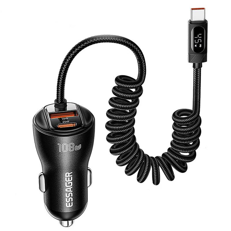 ESSAGER ES-CC29 108W 3-Port USB PD Car Charger Adapter USB-A+Type-C+Type-C Cable Support PD3.0 QC2.0/3.0/4.0 PPS SCP FCP AFC Fast Charging with LED Digital Display for iPhone 17 17Pro 16 Pro Max 15 14 for Huawei Mate XTs for OPPO for VIVO