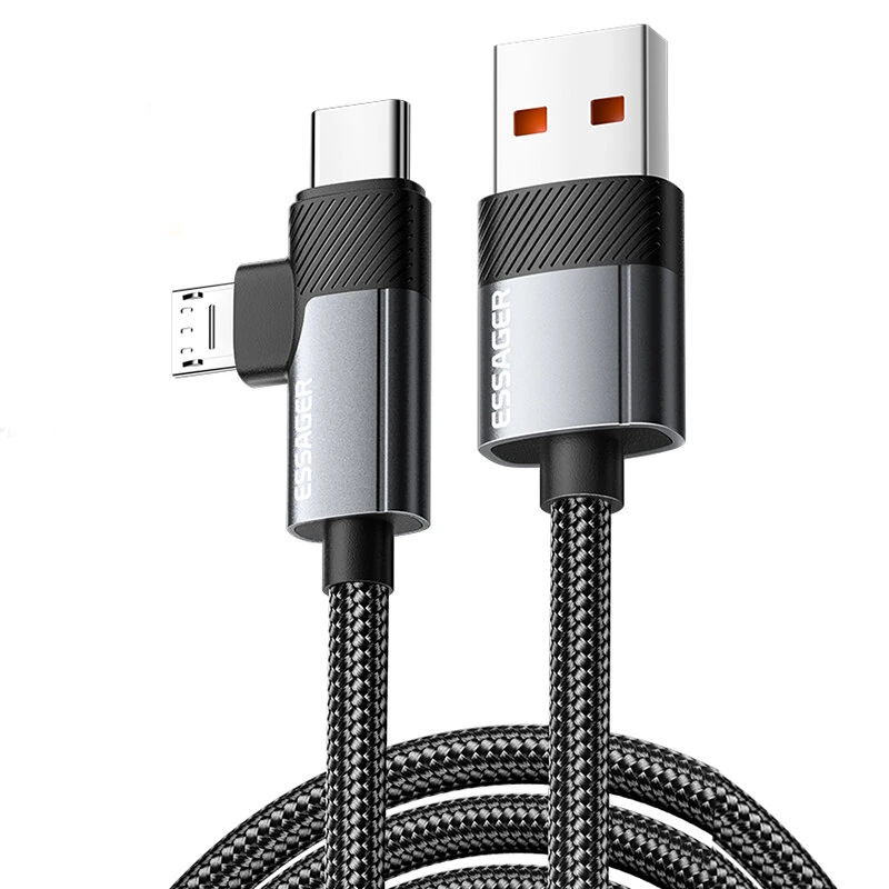 ESSAGER ES-X59 7A USB-A to USB-C+Micro USB Cable QC Fast Charging Data Transmission Tinned Copper Core Line 0.25M/1M/2M Long for iPhone 16 16 Pro 15 15 Pro Max for Huawei Pura 80 Ultra for XIAOMI for SAMSUNG — ESSAGER
